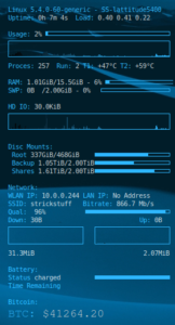 Blue Conky script screenshot with Spotify and Bitcoin display